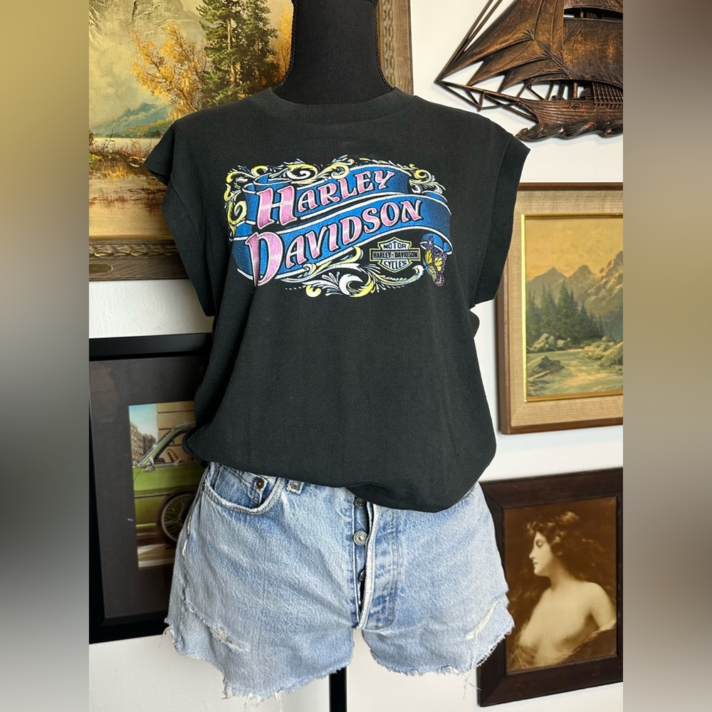 Vintage 80s / 90s  Harley Davidson 3D Emblem Women's Muscle T-Shirt Alabama